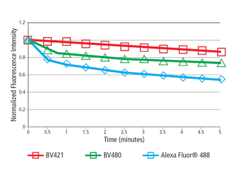 Chart showing fluorescence intensity over time for BV421, BV480, Alexa Fluor® 488.