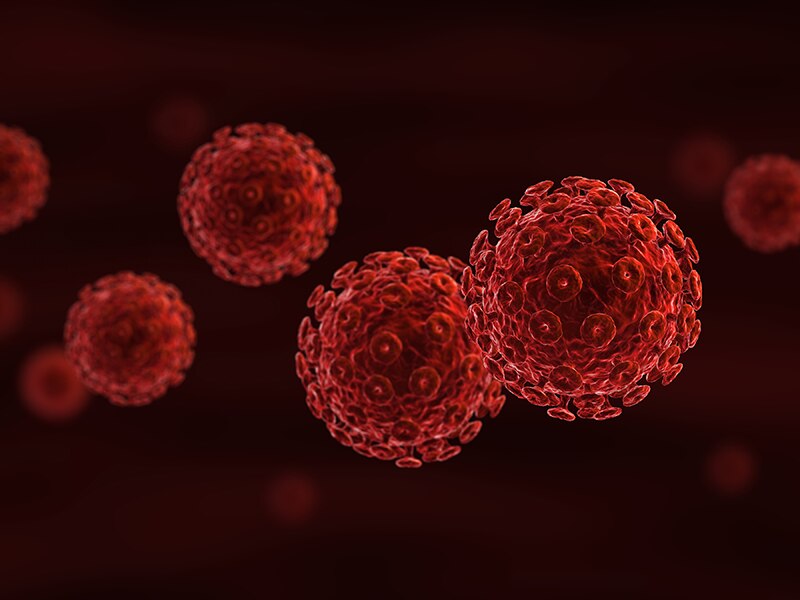Enlarged HIV cells on a dark backdrop.